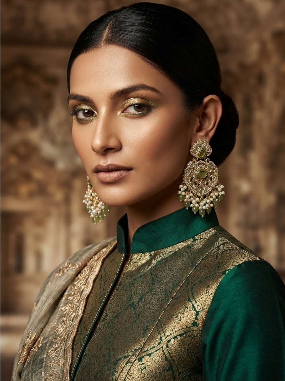 Gold and Mint Pearl Cluster Statement Earrings - Women Jewelry